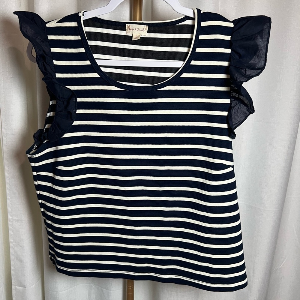 Hem & Thread Blue and White Ruffled Fitted Tank Top
